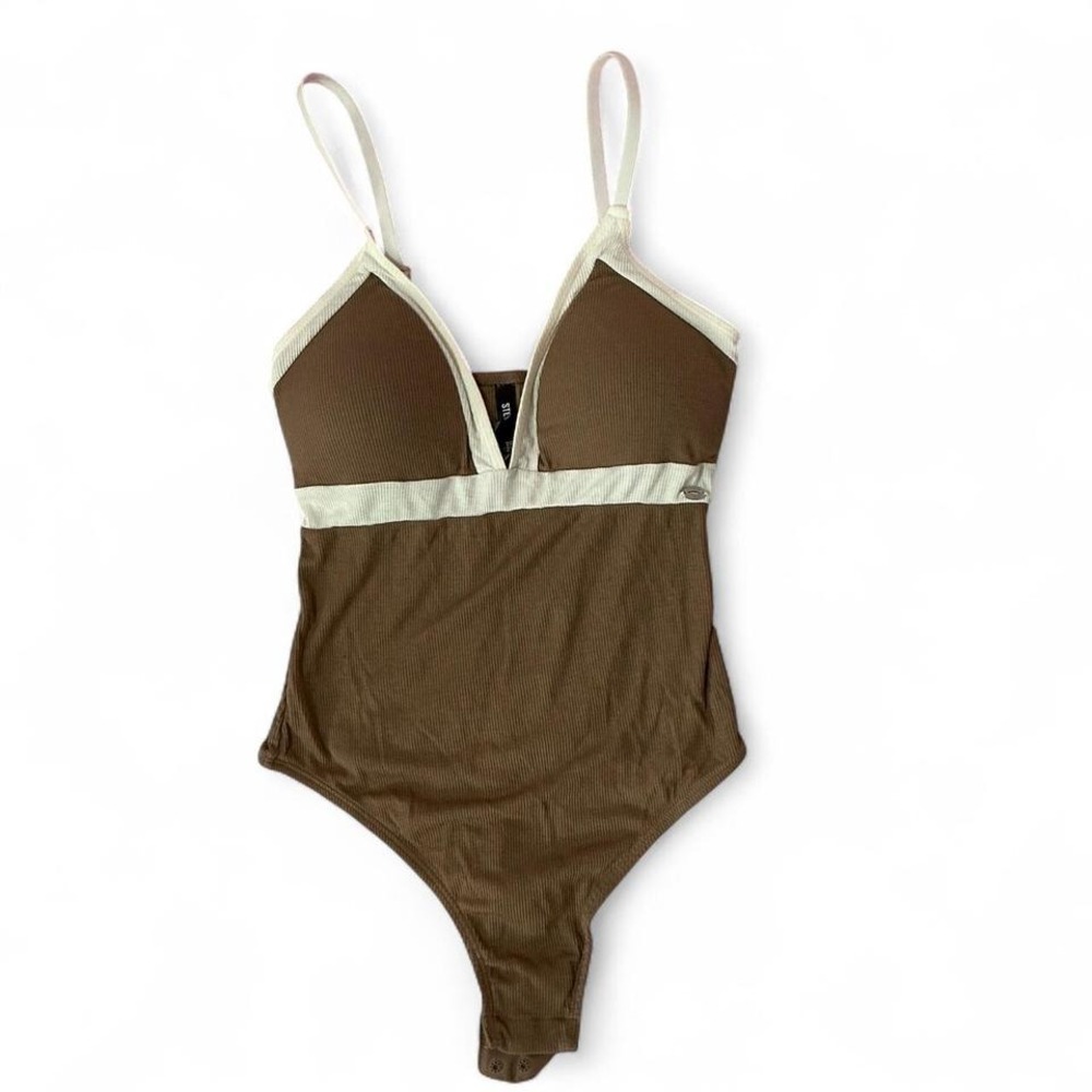 Steve Madden Brown‎ Ribbed Plunge Bodysuit Sleeveless One Piece Swimsuit
